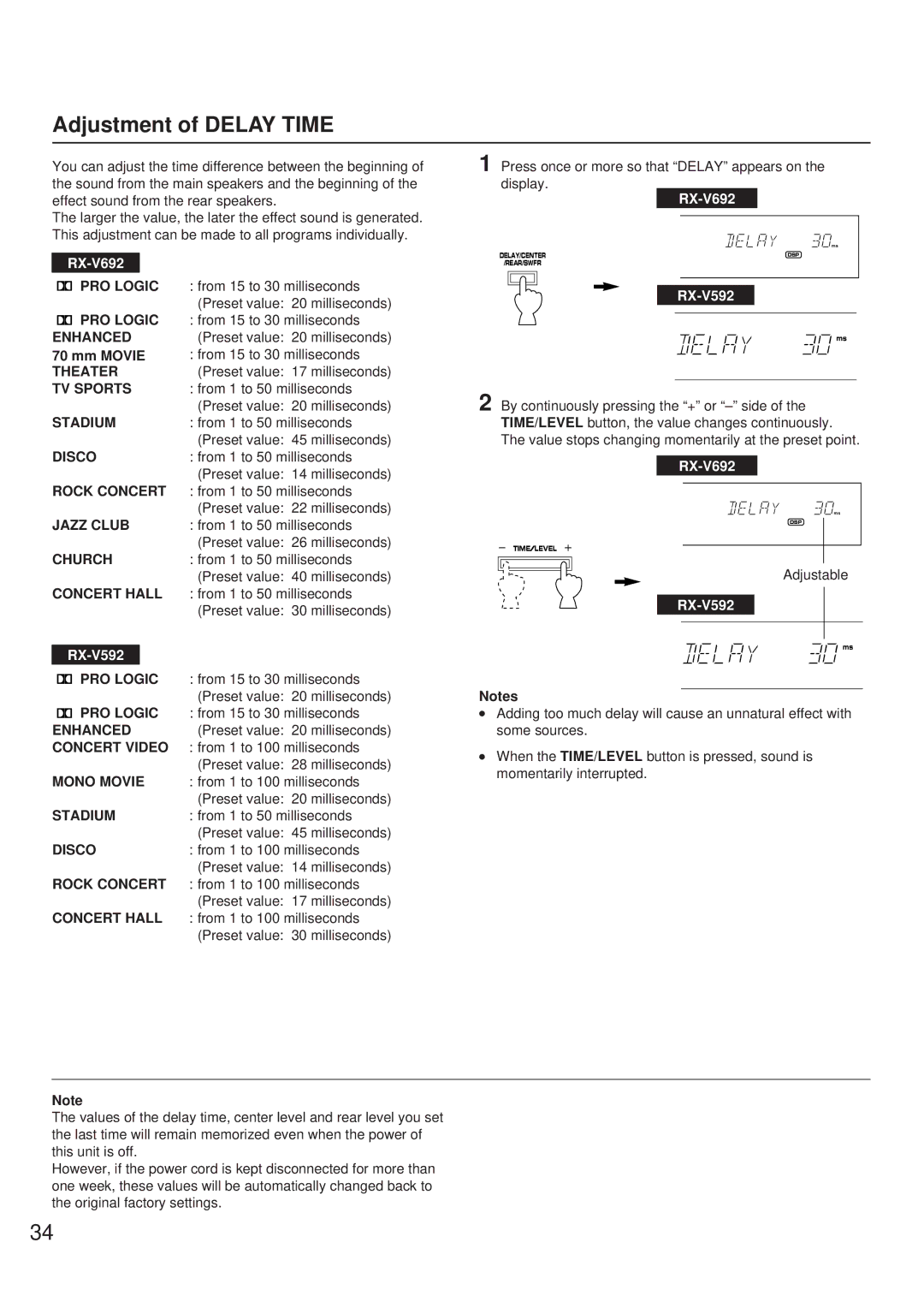 Yamaha RX-V692 RX-V592 owner manual Adjustment of Delay Time, Mm Movie, Theater 