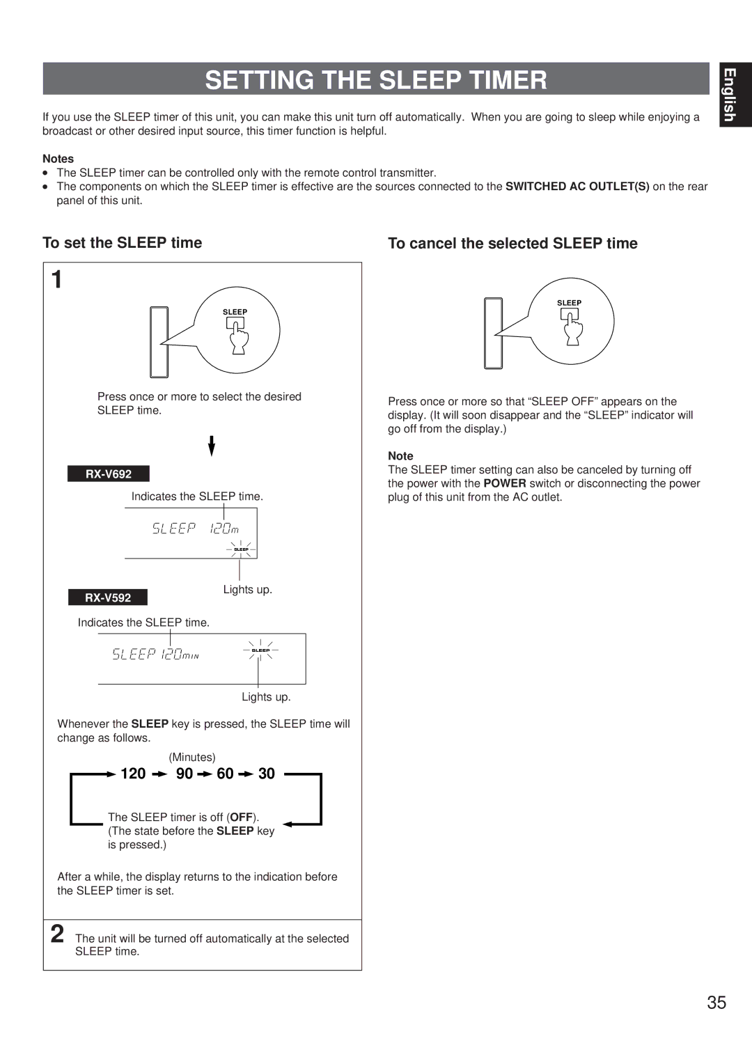 Yamaha RX-V692 RX-V592 Setting the Sleep Timer, To set the Sleep time, 120 90 60, To cancel the selected Sleep time 