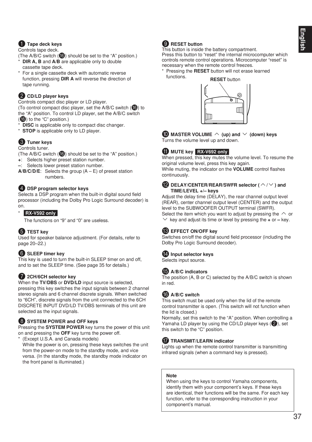 Yamaha RX-V692 RX-V592 Tape deck keys, CD/LD player keys, Tuner keys, DSP program selector keys, Test key, Sleep timer key 