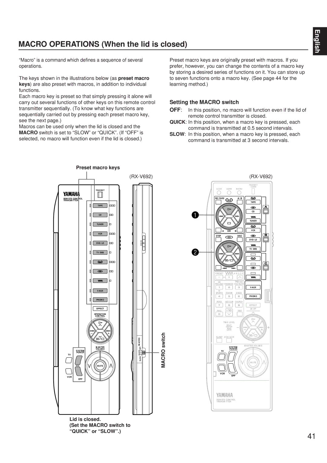 Yamaha RX-V692 RX-V592 Macro Operations When the lid is closed, Setting the Macro switch, Preset macro keys, Switch 