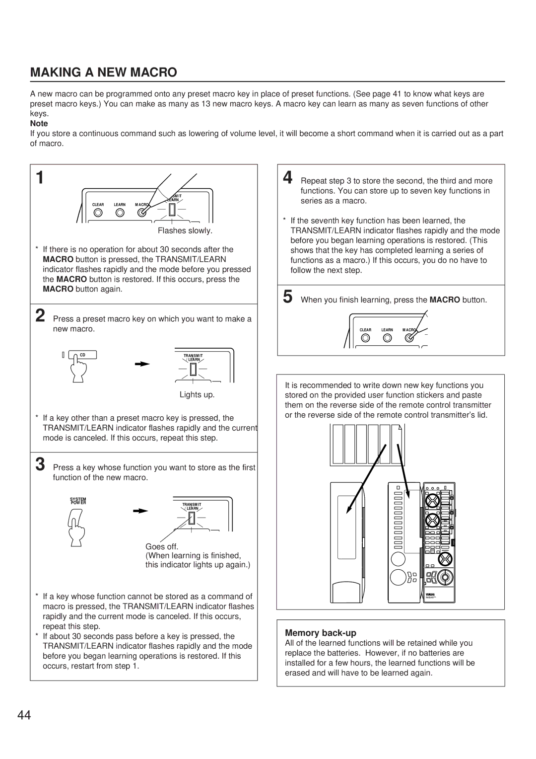 Yamaha RX-V692 RX-V592 owner manual Making a NEW Macro, Memory back-up 