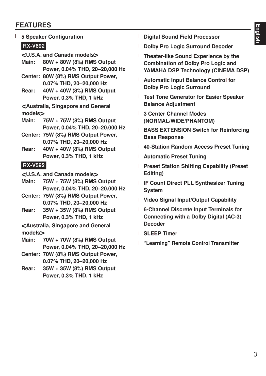 Yamaha RX-V692 RX-V592 owner manual Features, Speaker Configuration 