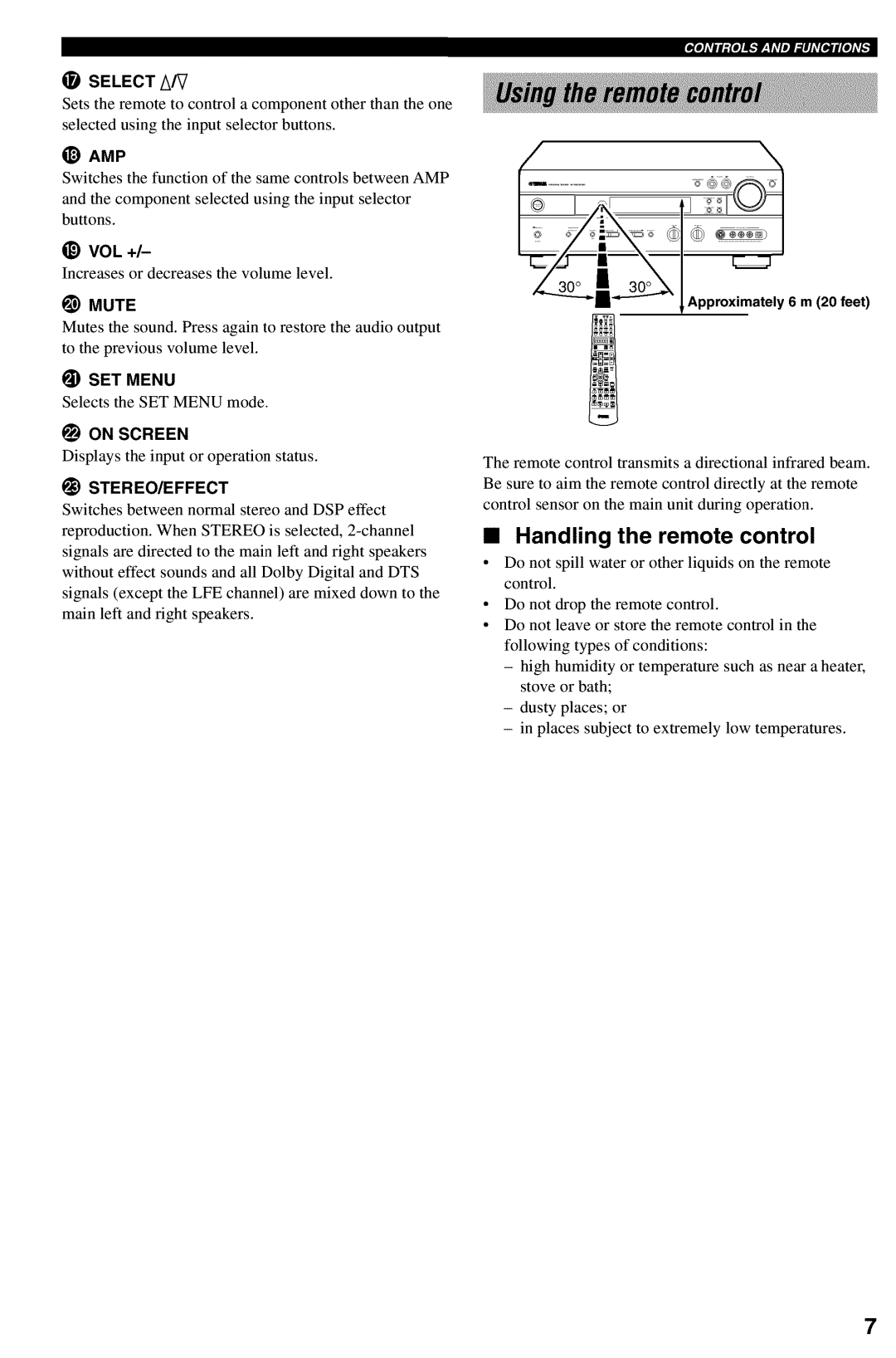 Yamaha RX-V730 owner manual Handling the remote control, Select A/V, SET Menu, I1 on Screen, Stereo/Effect 