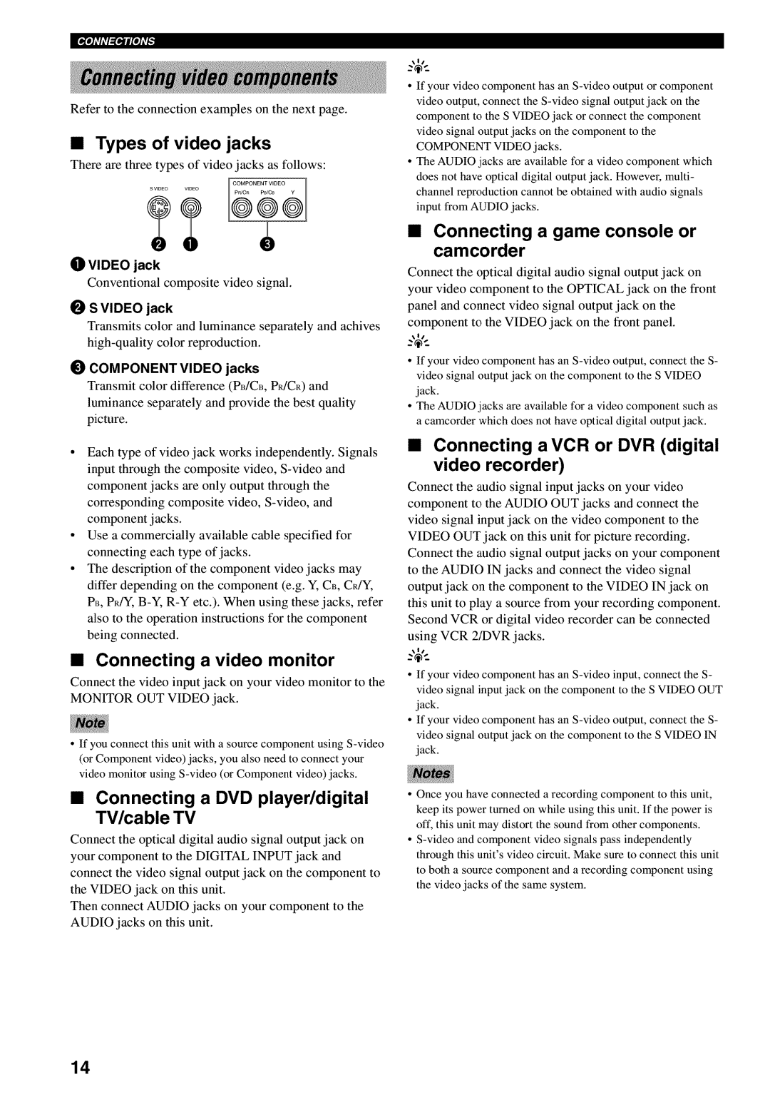 Yamaha RX-V730 owner manual Types of video jacks, Connecting a video monitor, Connecting a DVD player/digital TV/cable TV 