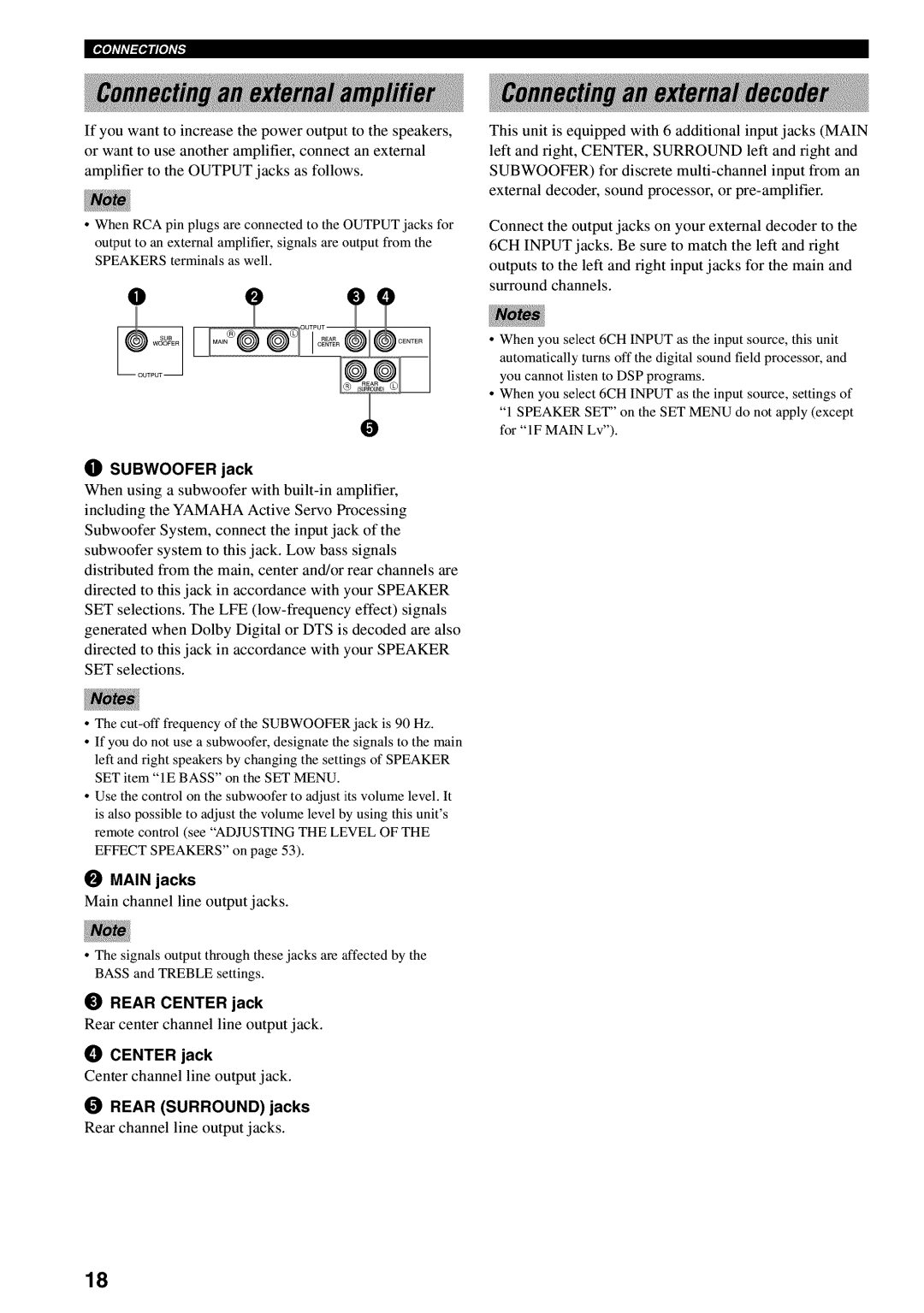 Yamaha RX-V730 owner manual Subwoofer jack, Main jacks, Rear Center jack, Rear Surround jacks 