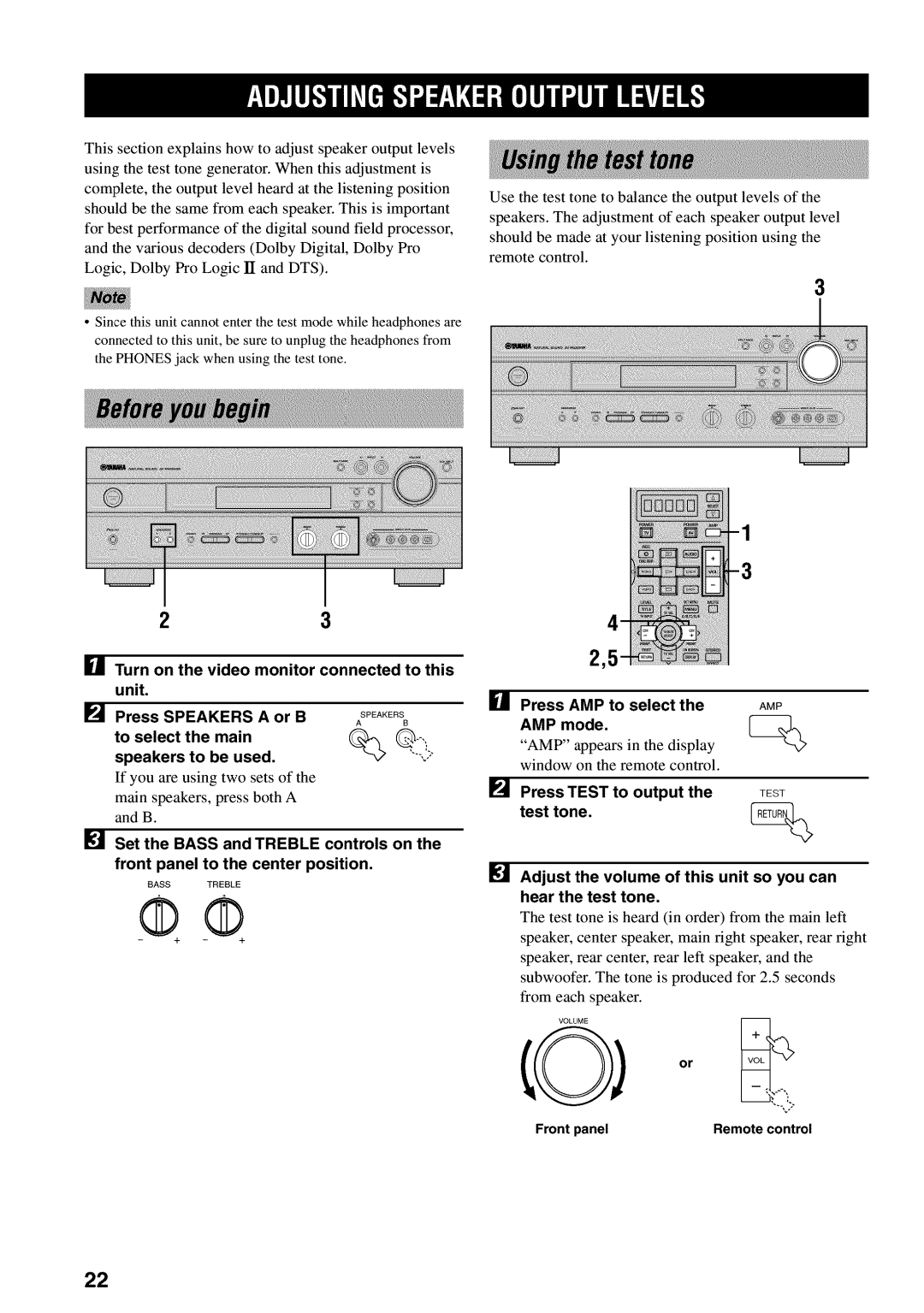 Yamaha RX-V730 owner manual Press AMP to select, Amp, To output, Test tone 