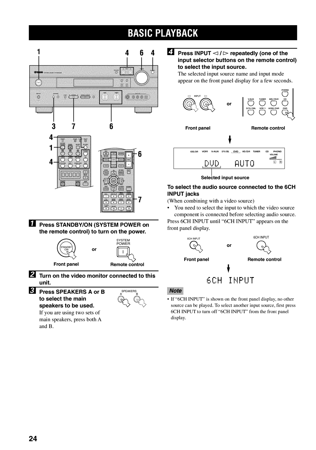 Yamaha RX-V730 Speakers, To select Main, To be used, =ii=, To select the audio source connected to the 6CH Input jacks 