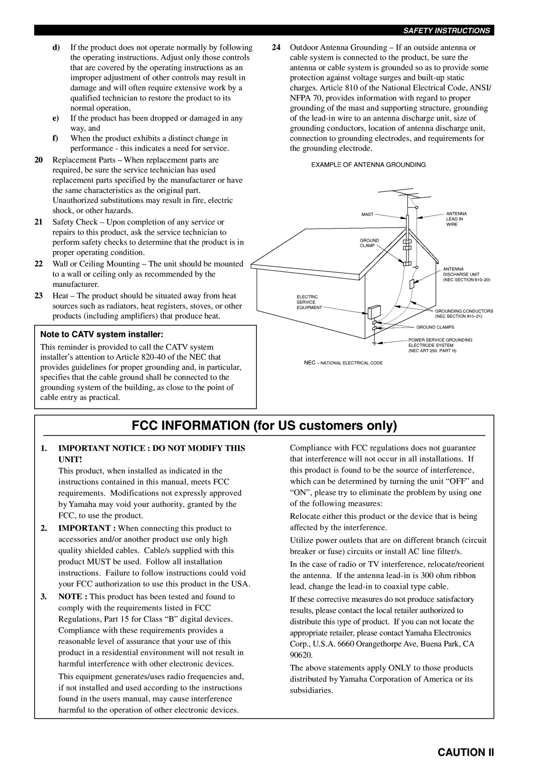 Yamaha RX-V730 owner manual FOG Information for US customers only, Ansi, Nfpa, Fcc 