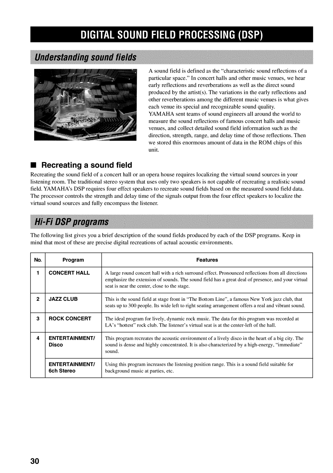 Yamaha RX-V730 owner manual Recreating a sound field, Program Features, Disco 