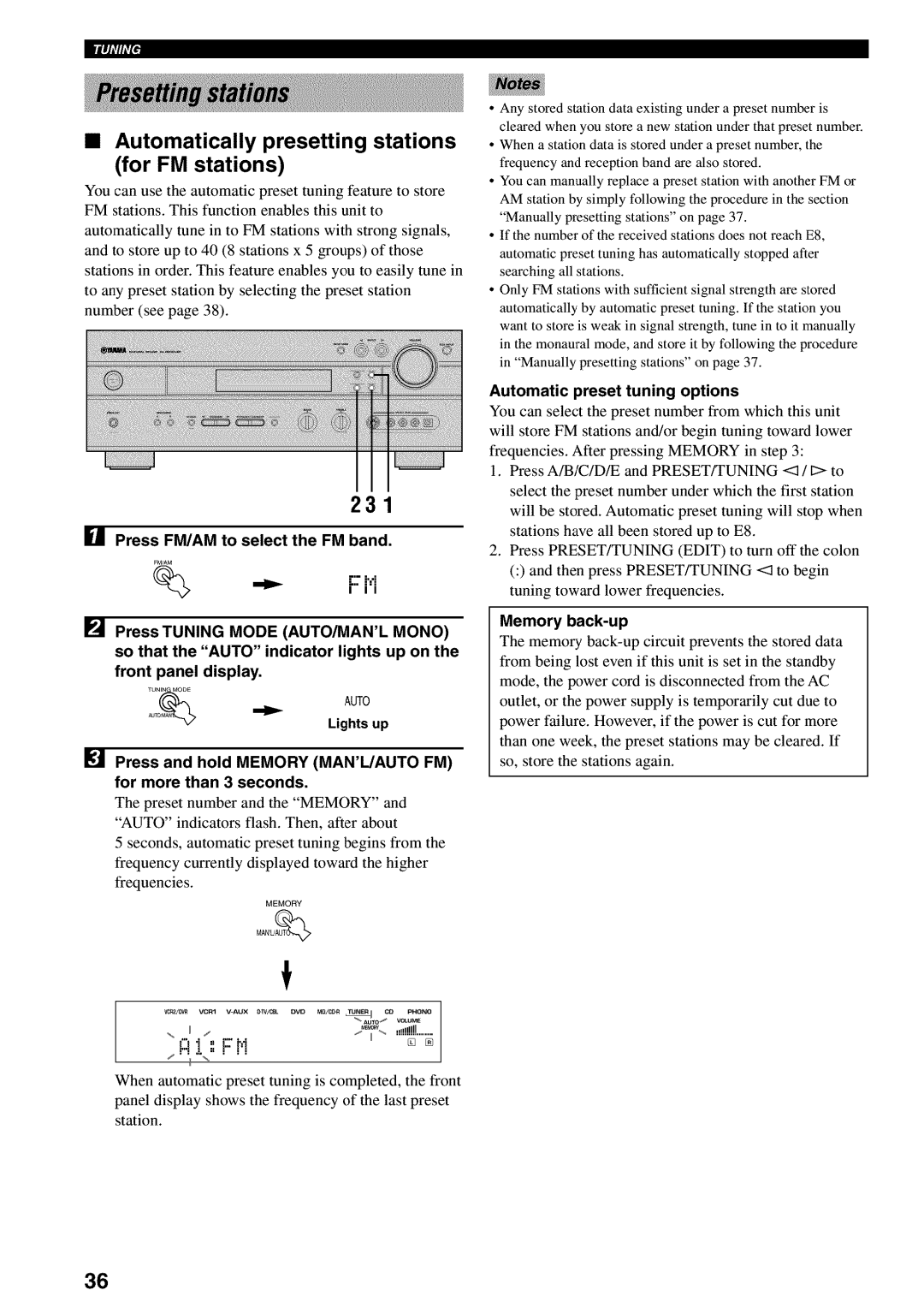 Yamaha RX-V730 owner manual 231, For FM stations, Automatic preset tuning options, Memory back-up, 7o% 