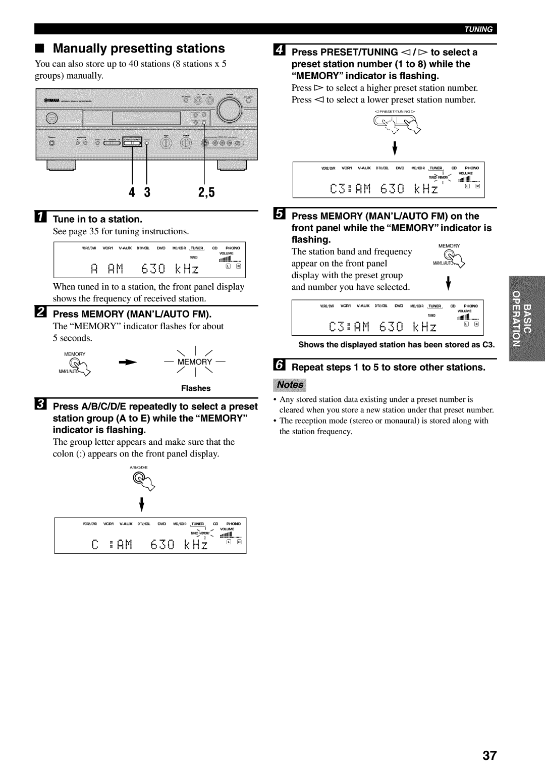 Yamaha RX-V730 owner manual 2,5, Manually presetting stations, Tune in to a station, Press Memory MANL/AUTO FM 