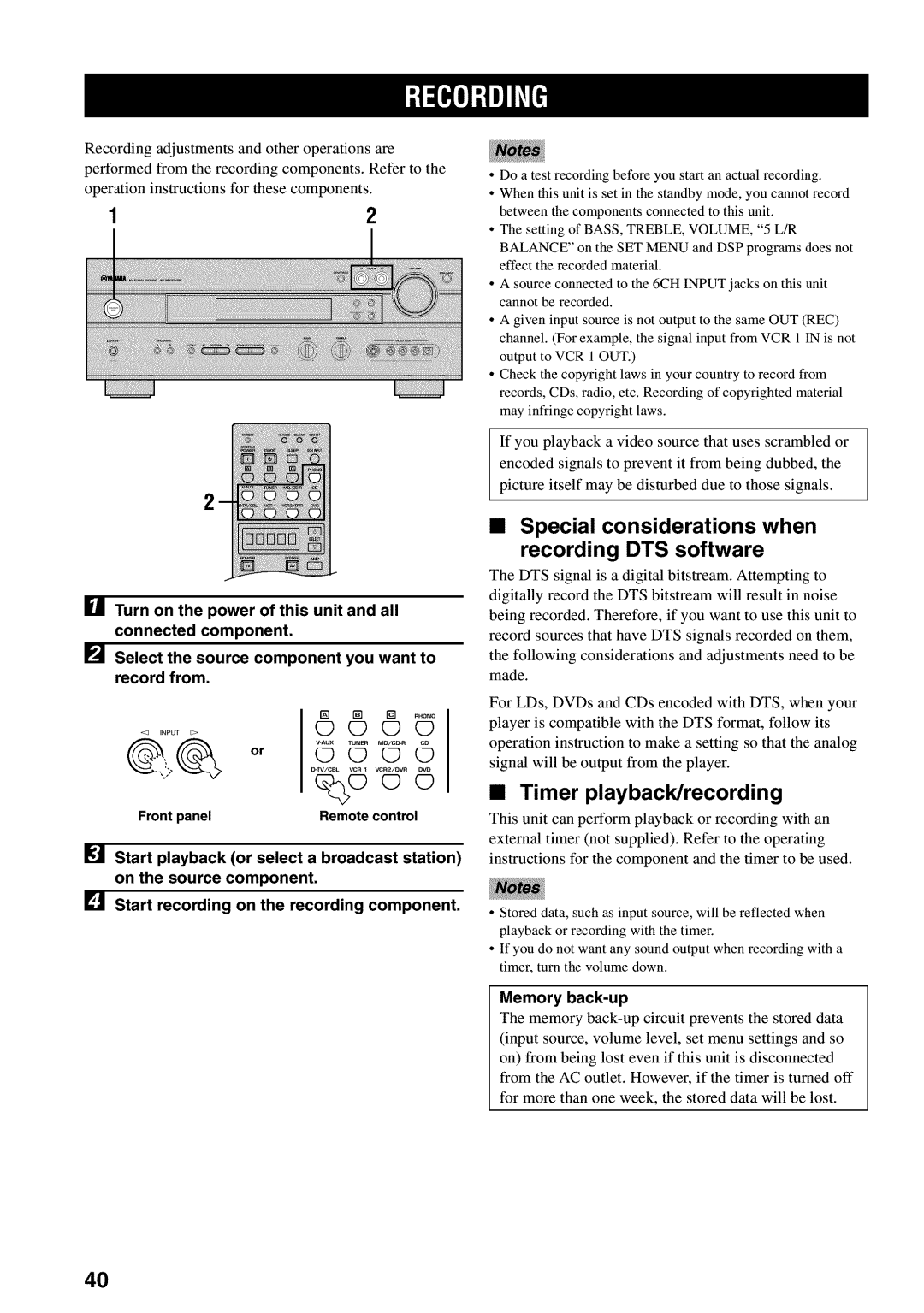 Yamaha RX-V730 owner manual Special considerations when Recording DTS software, Timer playback/recording, Memory back-up 