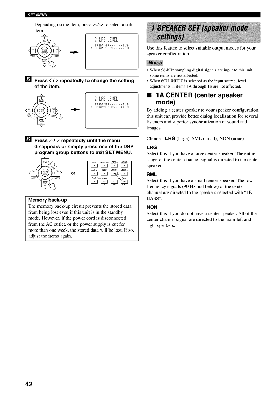 Yamaha RX-V730 owner manual 1A Center center speaker Mode, Lrg, Sml, Non 