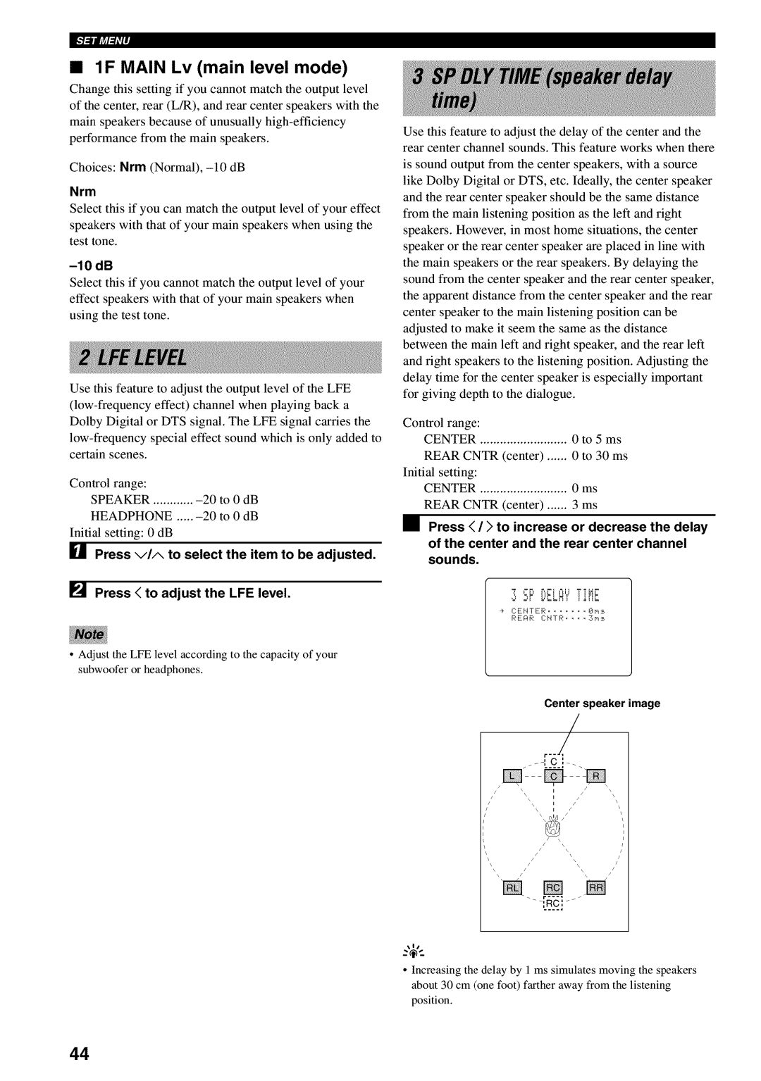 Yamaha RX-V730 owner manual 1F Main Lv main level mode, Press to adjust the LFE level 