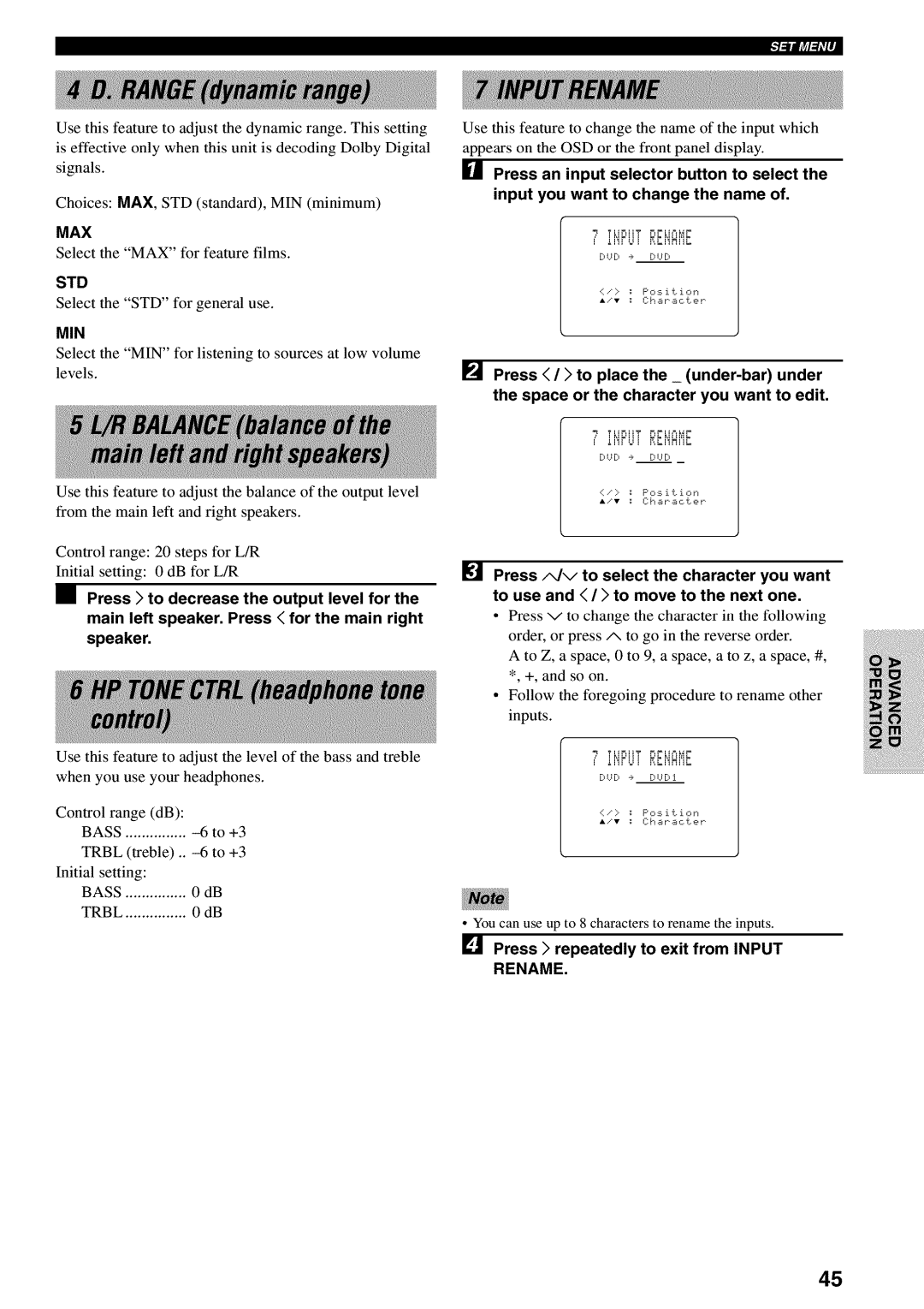 Yamaha RX-V730 owner manual Max, Std, Press repeatedly to exit from Input, Rename 