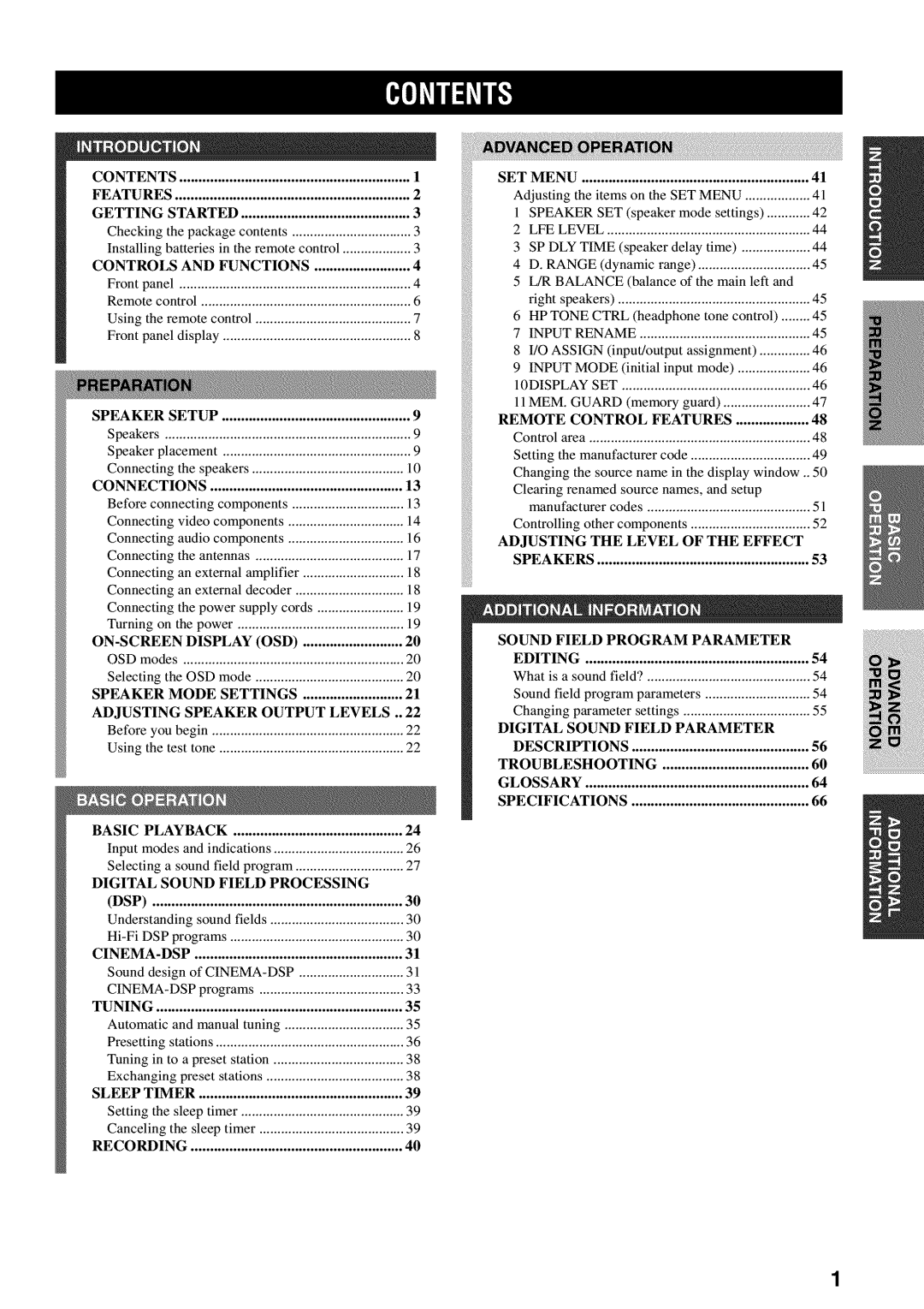 Yamaha RX-V730 owner manual Contents Features Getting Started 