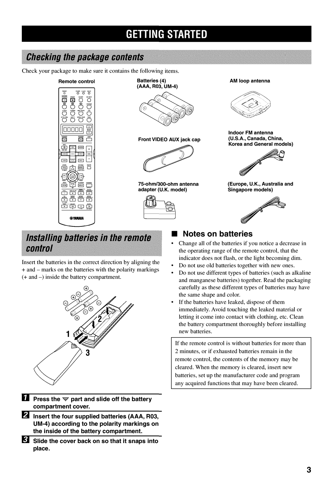 Yamaha RX-V730 owner manual A., Canada, China, Korea and General models, 75-ohm/300-ohm antenna Europe, U.K., Australia 