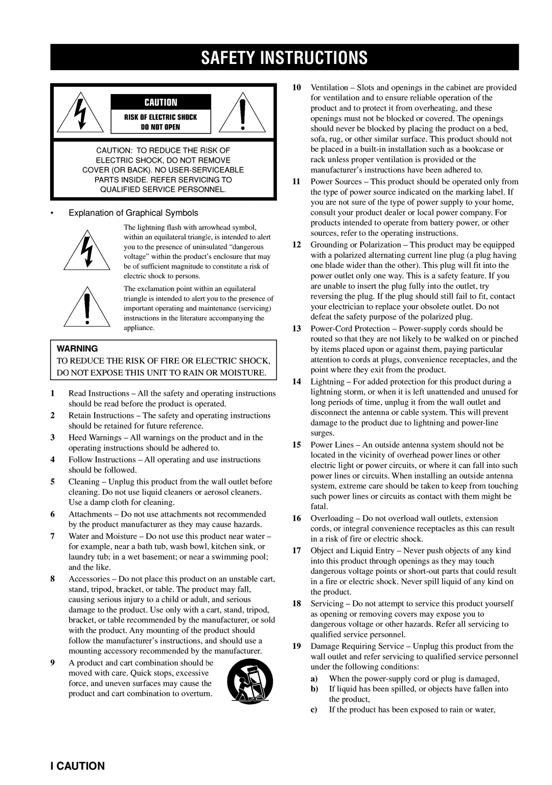 Yamaha RX-V730 owner manual Icaution, Riskof Electricshock Donotopen 