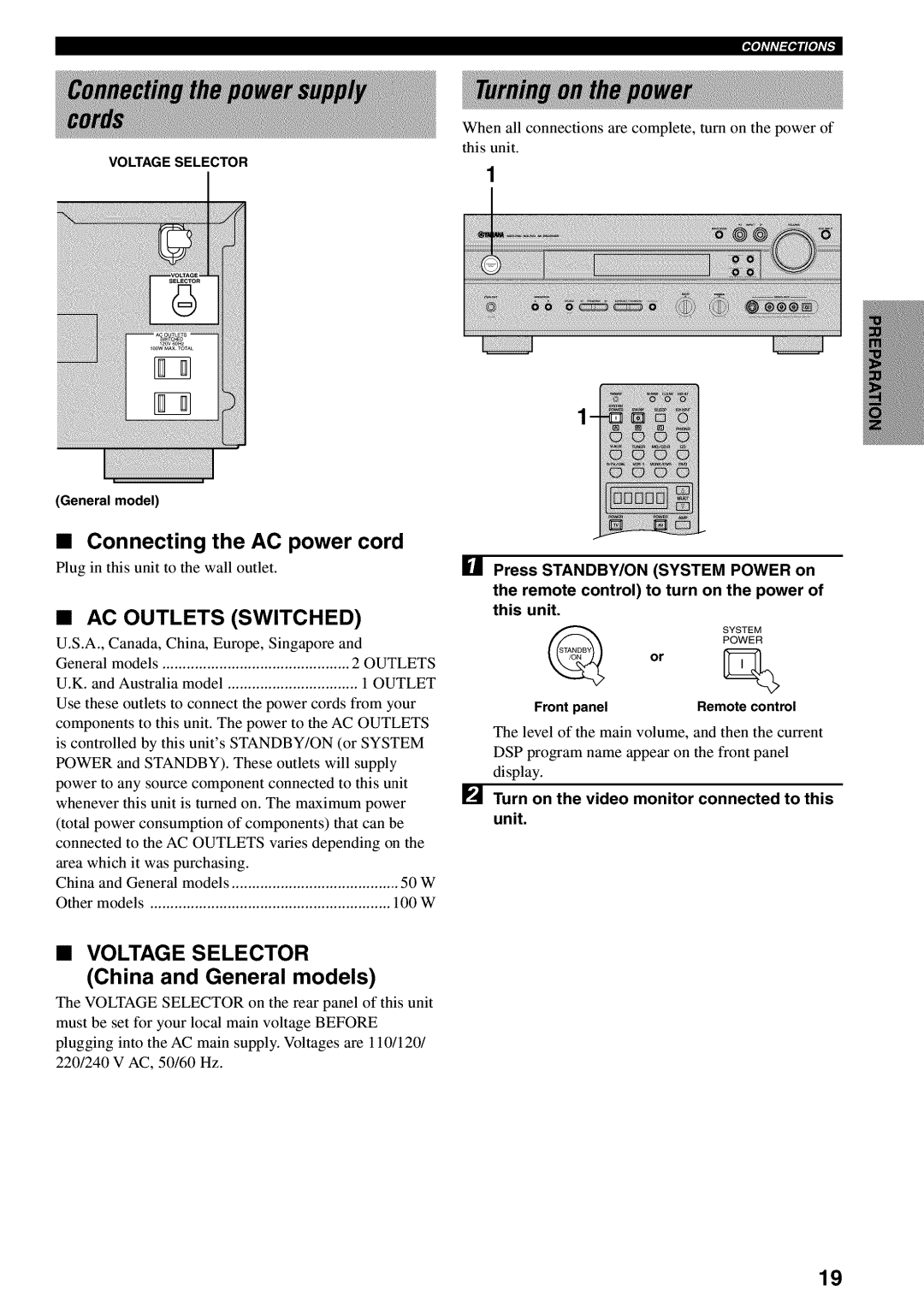 Yamaha RX-V730 Connecting the AC power cord, Ac Outlets, Switched, China and General models, • Voltage Selector 