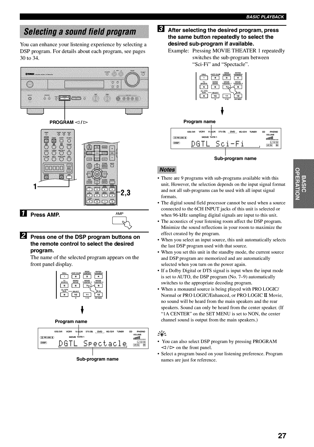 Yamaha RX-V730 owner manual GTL z-Pect.acle, _r_7, Press AMP, program 