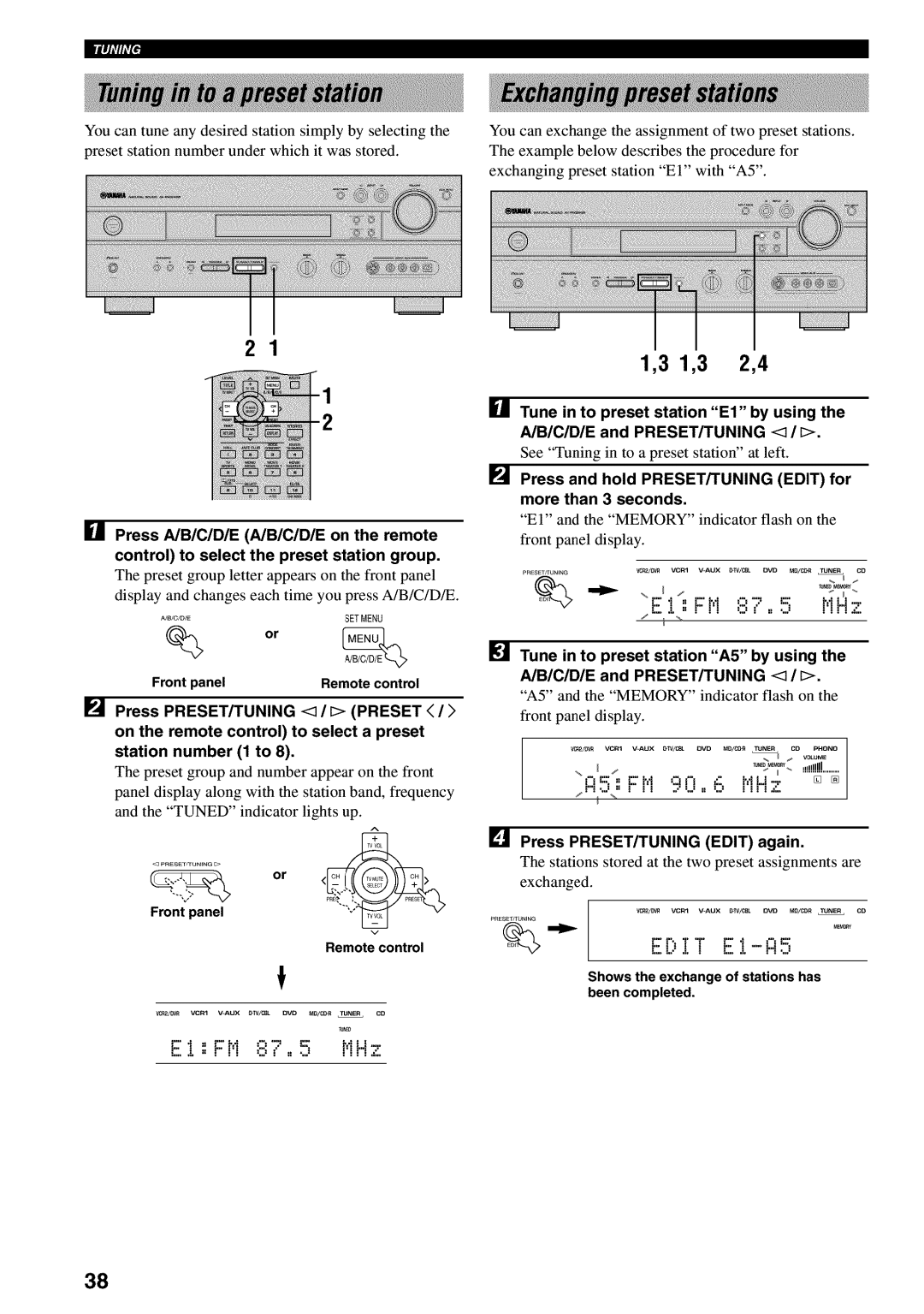 Yamaha RX-V730 owner manual 21 1 2, E..L,, F t! ,::,,,,..., t!Hz, 1,31,3 2,4, El;,!! El:-A, Press PRESET/TUNING EDIT again 