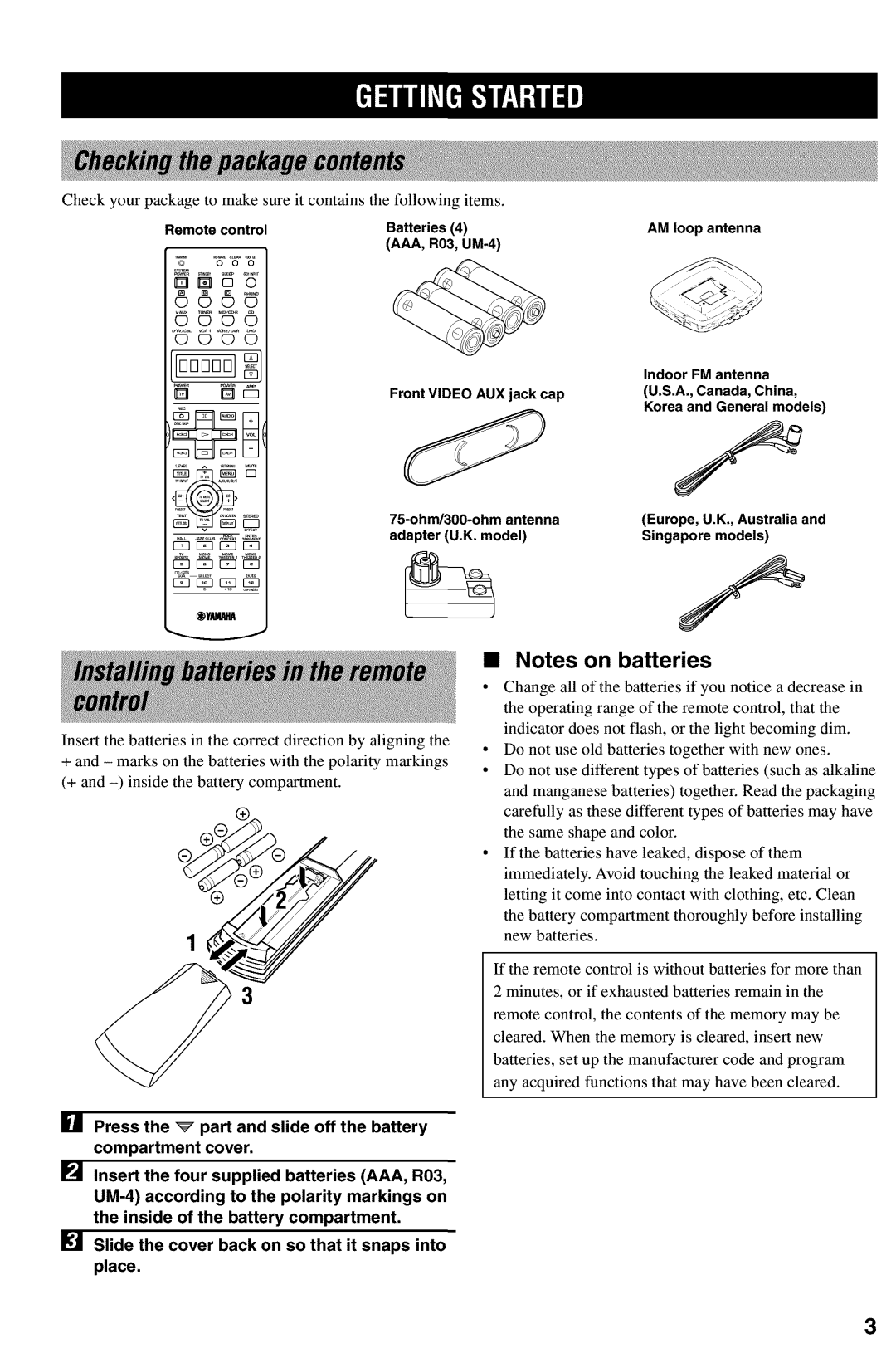 Yamaha RX-V730 owner manual •Notes on batteries, Insert the four supplied batteries AAA, R03 