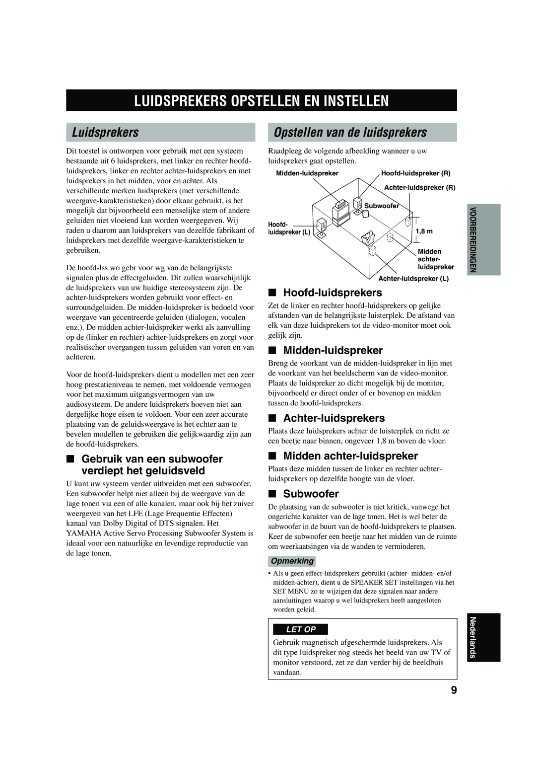 Yamaha RX-V730RDS owner manual Luidsprekers Opstellen EN Instellen, Opstellen van de luidsprekers 