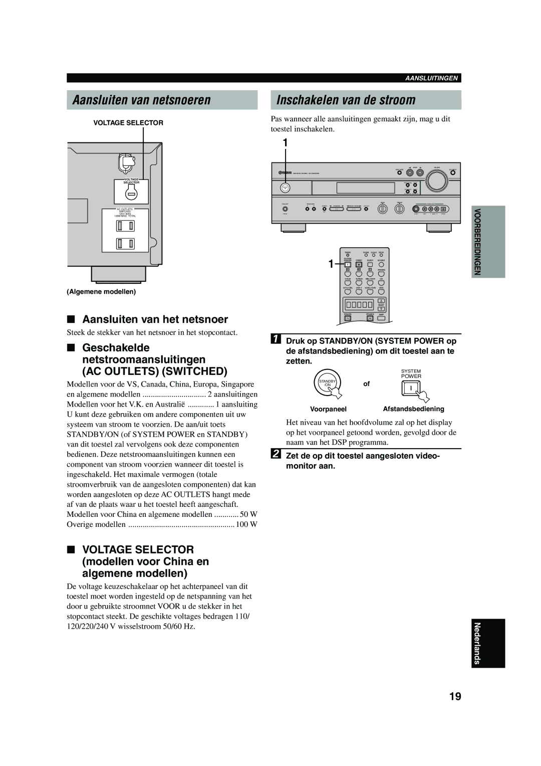 Yamaha RX-V730RDS owner manual Aansluiten van netsnoeren, Inschakelen van de stroom, Aansluiten van het netsnoer 