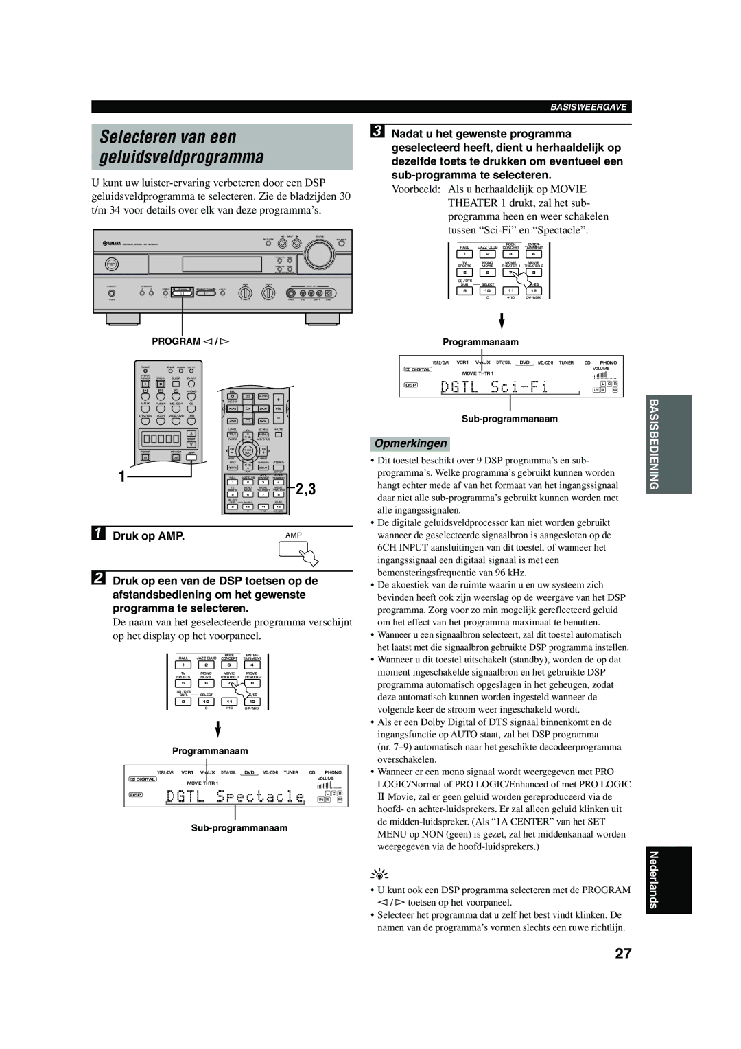 Yamaha RX-V730RDS owner manual Selecteren van een Geluidsveldprogramma, Program l / h, Programmanaam, Sub-programmanaam 