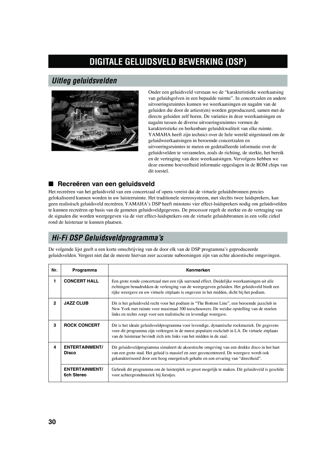 Yamaha RX-V730RDS owner manual Digitale Geluidsveld Bewerking DSP, Uitleg geluidsvelden, Hi-Fi DSP Geluidsveldprogramma’s 