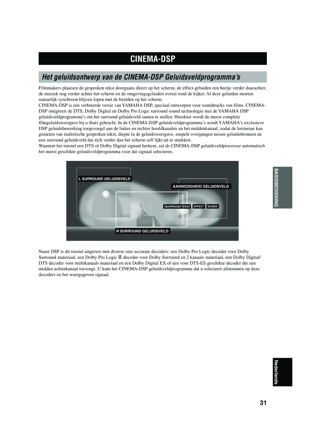 Yamaha RX-V730RDS owner manual Cinema-Dsp, Het geluidsontwerp van de CINEMA-DSP Geluidsveldprogramma’s 