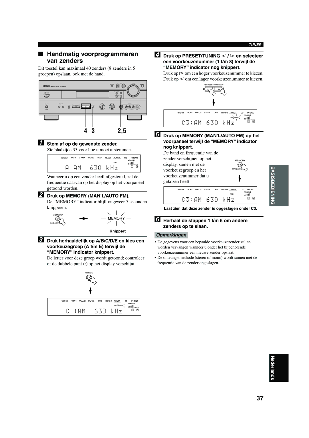 Yamaha RX-V730RDS Handmatig voorprogrammeren van zenders, Stem af op de gewenste zender, Druk op Memory MAN’L/AUTO FM 