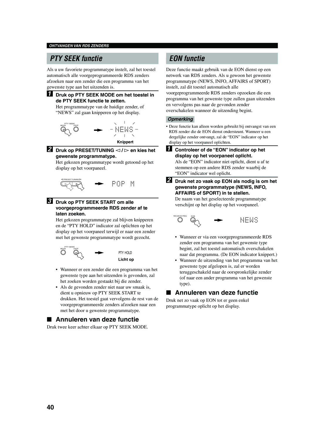 Yamaha RX-V730RDS owner manual PTY Seek functie, EON functie, Annuleren van deze functie 