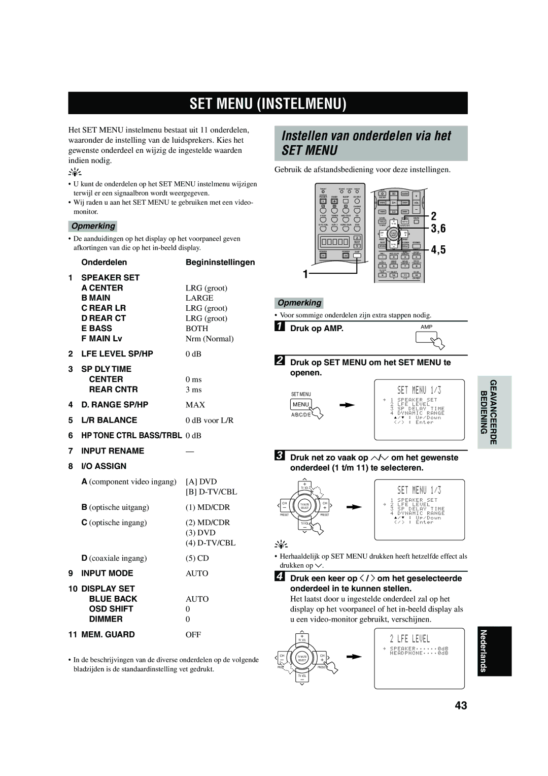 Yamaha RX-V730RDS owner manual SET Menu Instelmenu, Instellen van onderdelen via het 