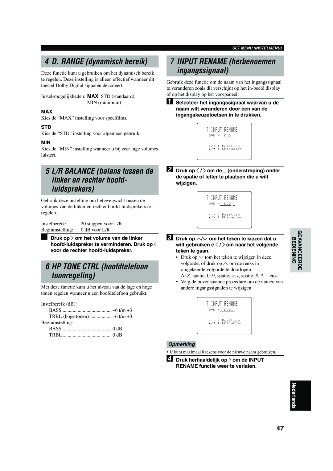 Yamaha RX-V730RDS owner manual HP Tone Ctrl hoofdtelefoon toonregeling, Input Rename herbenoemen ingangssignaal 