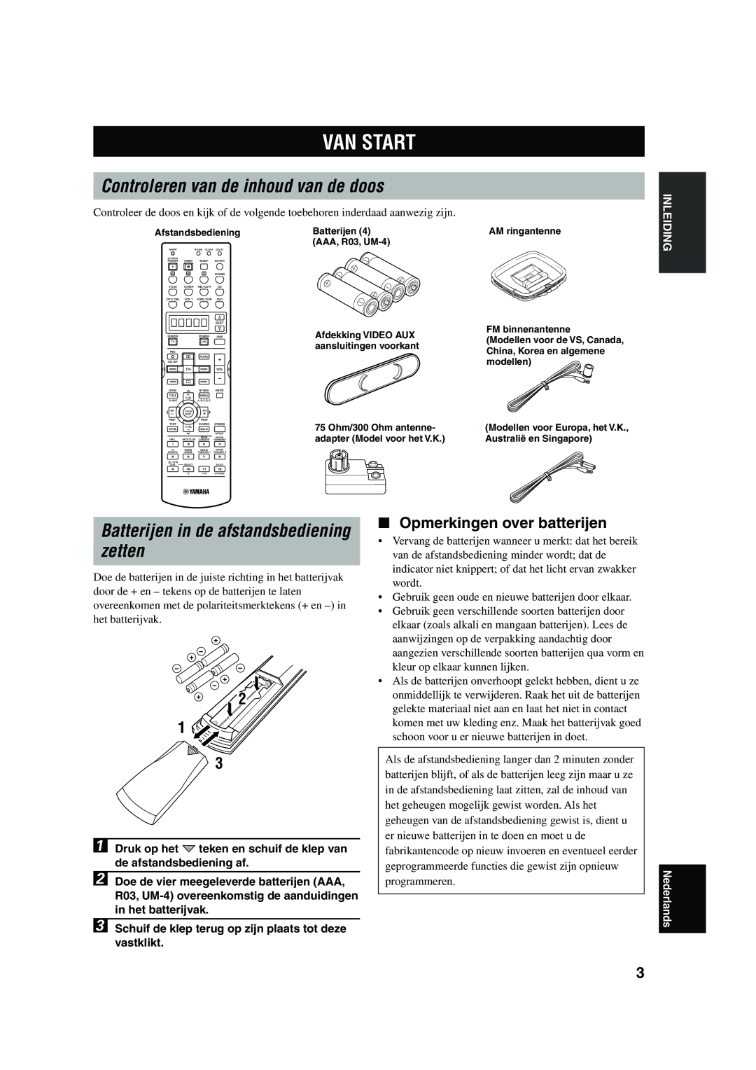 Yamaha RX-V730RDS owner manual VAN Start, Controleren van de inhoud van de doos, Zetten, Batterijen in de afstandsbediening 