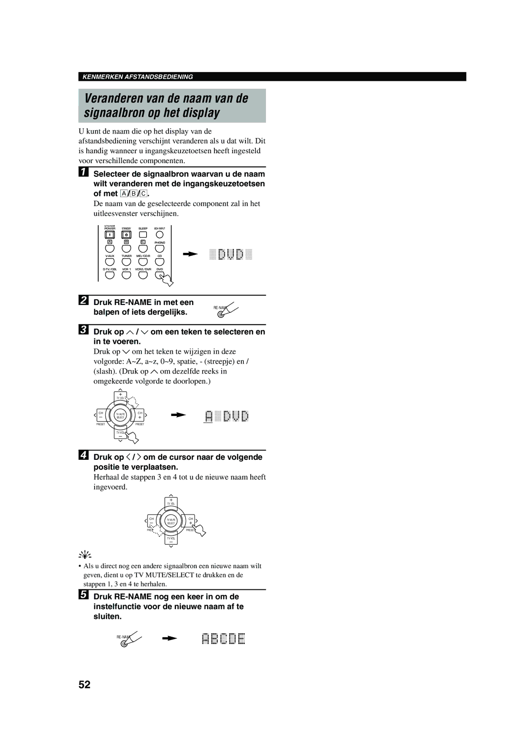 Yamaha RX-V730RDS owner manual Veranderen van de naam van de Signaalbron op het display 