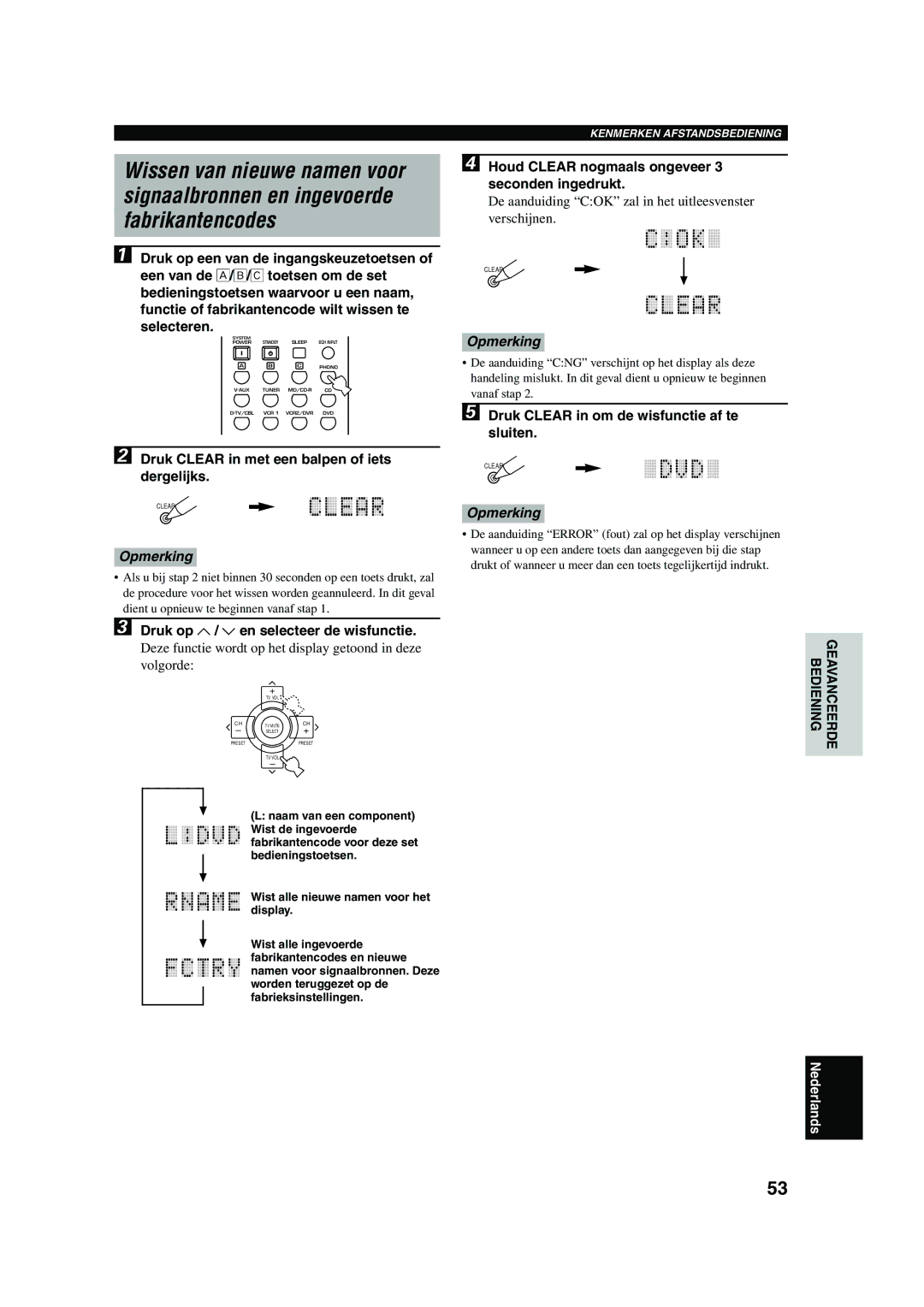 Yamaha RX-V730RDS owner manual Druk Clear in met een balpen of iets dergelijks, Druk op u / d en selecteer de wisfunctie 