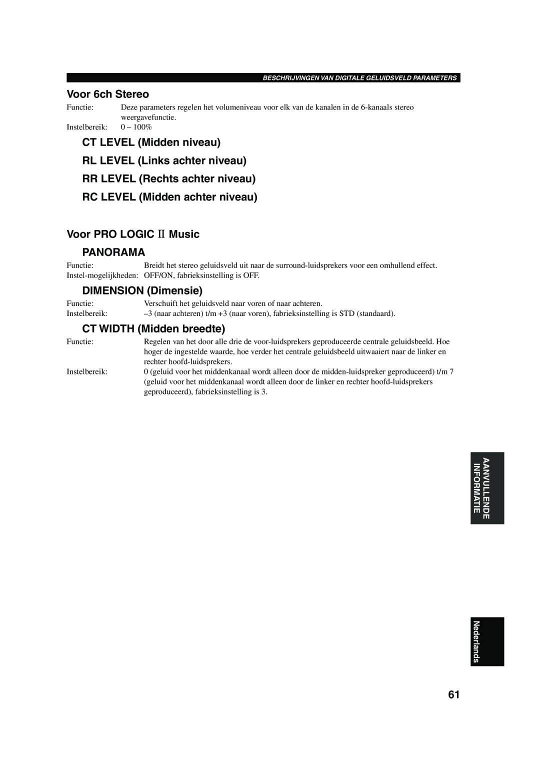 Yamaha RX-V730RDS owner manual Voor 6ch Stereo, Dimension Dimensie, CT Width Midden breedte 