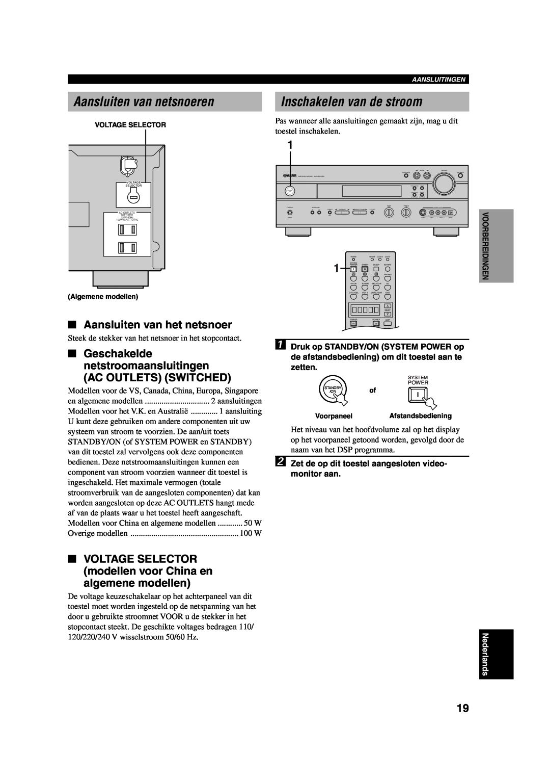 Yamaha RX-V730RDS owner manual Aansluiten van netsnoeren, Inschakelen van de stroom, Aansluiten van het netsnoer 