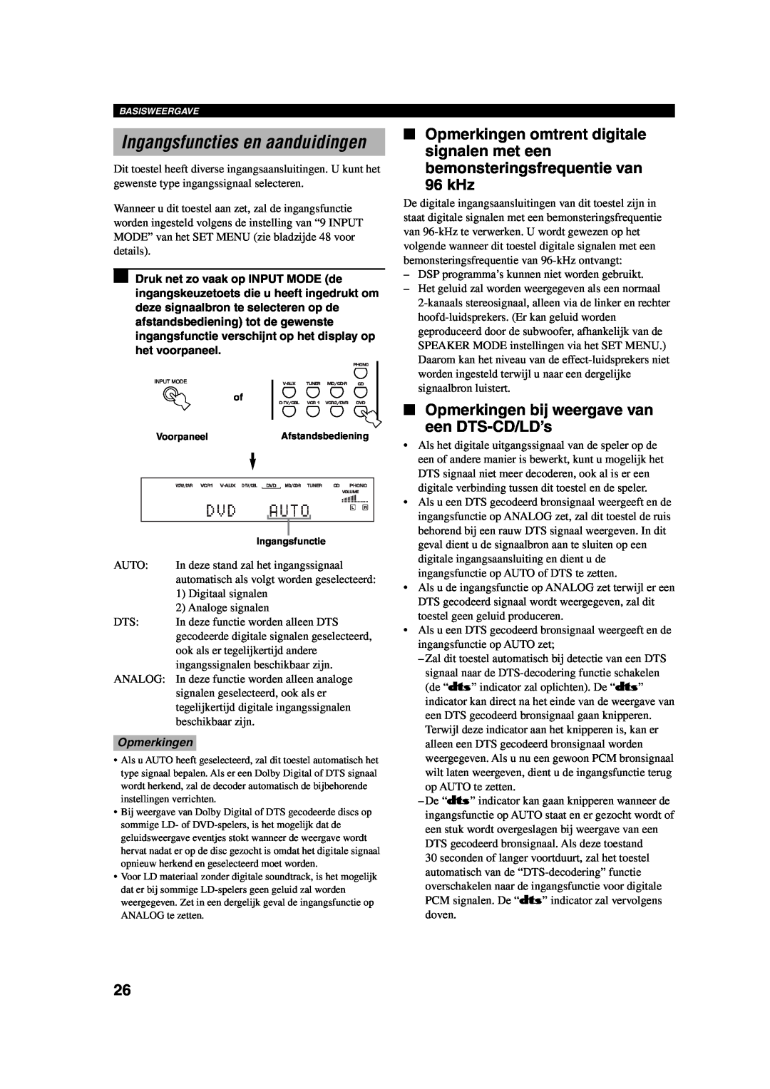 Yamaha RX-V730RDS owner manual Ingangsfuncties en aanduidingen, Auto, Opmerkingen bij weergave van een DTS-CD/LD’s 