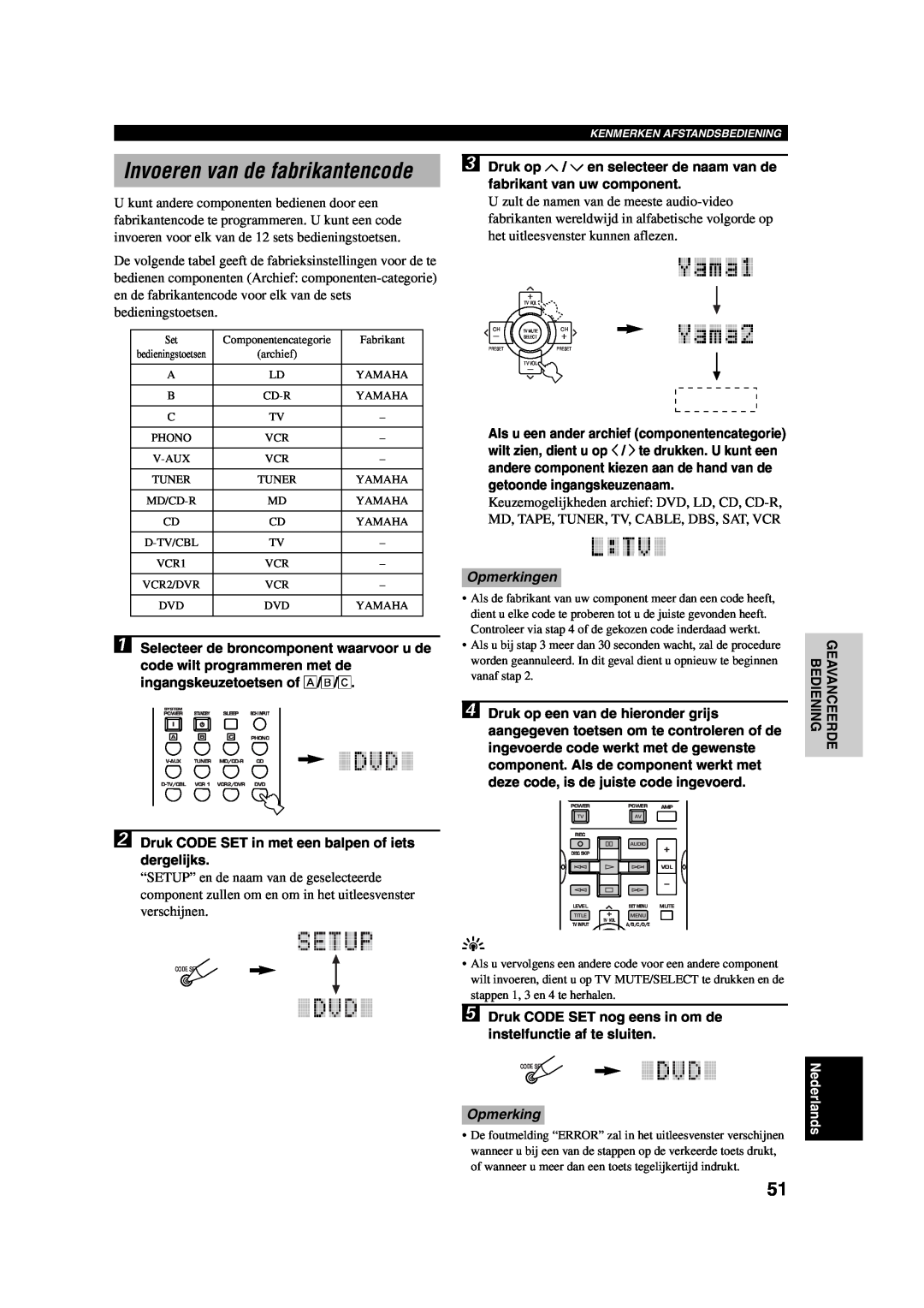 Yamaha RX-V730RDS owner manual Invoeren van de fabrikantencode, Opmerkingen 