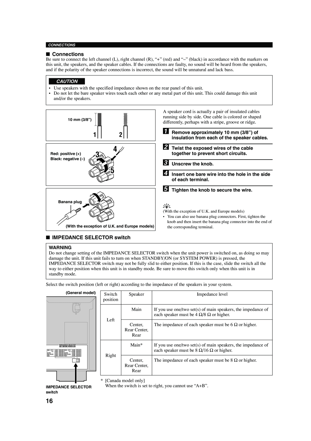 Yamaha RX-V740 owner manual Connections, IMPEDANCE SELECTOR switch 