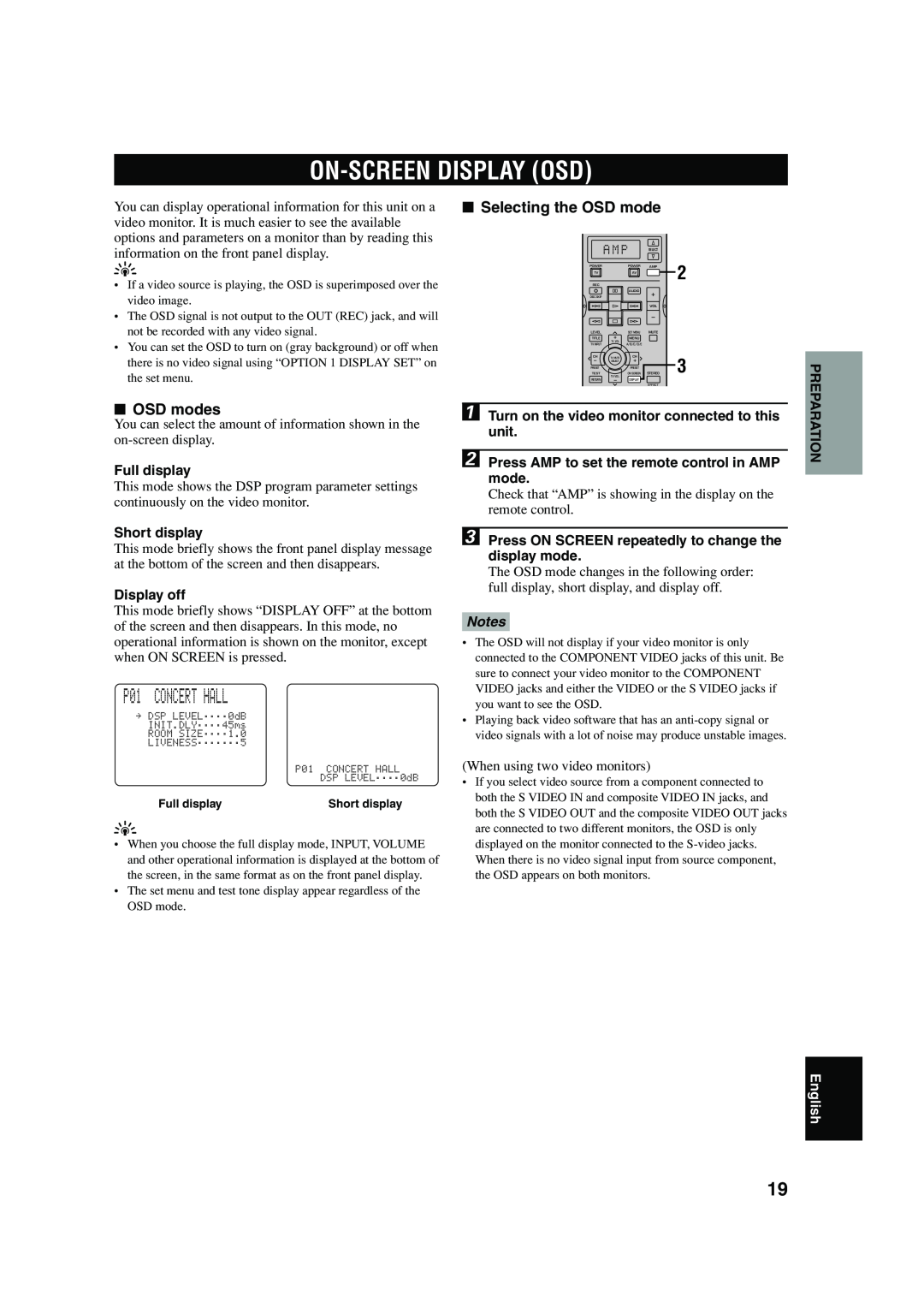 Yamaha RX-V740 owner manual On-Screendisplay Osd, P01 CONCERT HALL, OSD modes, Selecting the OSD mode, English 