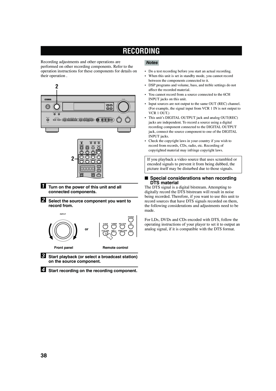 Yamaha RX-V740 owner manual Recording, Special considerations when recording, DTS material 