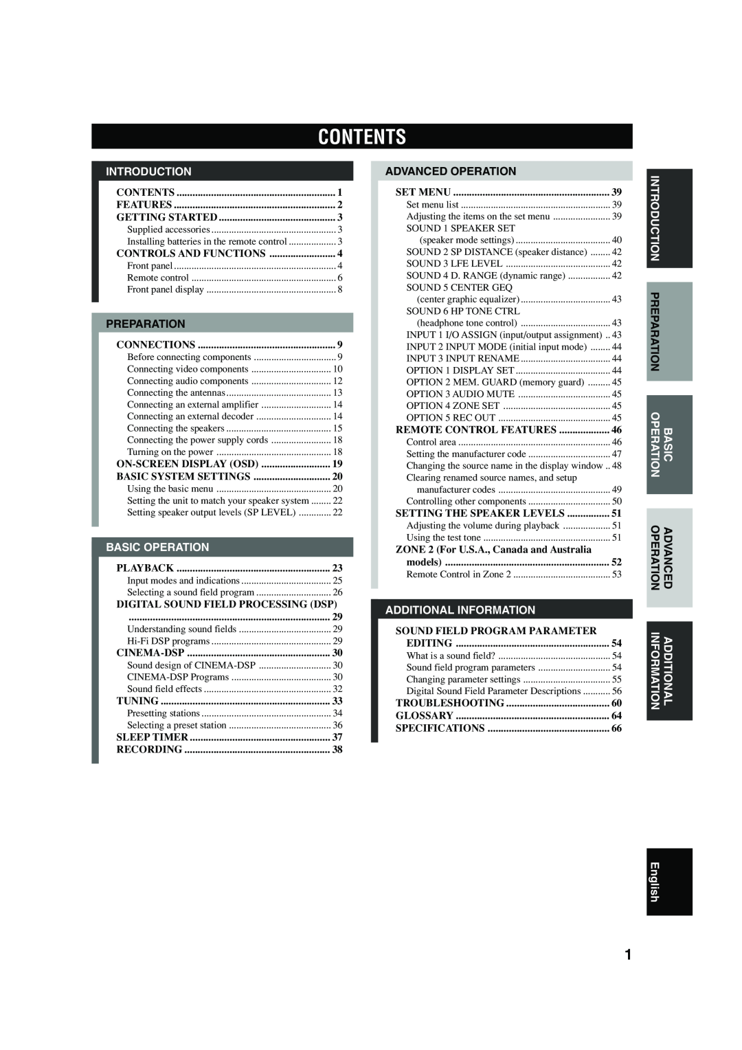 Yamaha RX-V740 owner manual Contents, Introduction, Basic Operation, Additional Information, English 