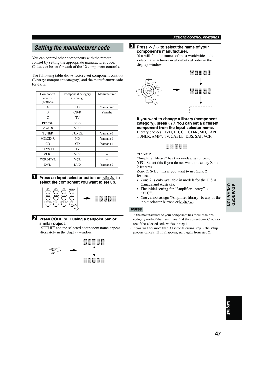 Yamaha RX-V740 owner manual Setting the manufacturer code, English 