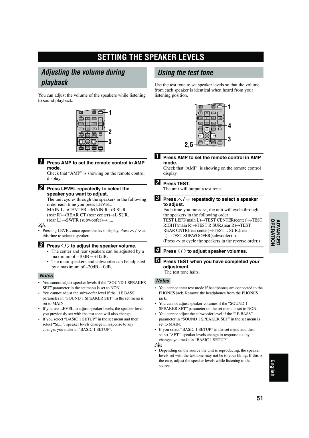 Yamaha RX-V740 owner manual Setting The Speaker Levels, Adjusting the volume during playback, Using the test tone, English 