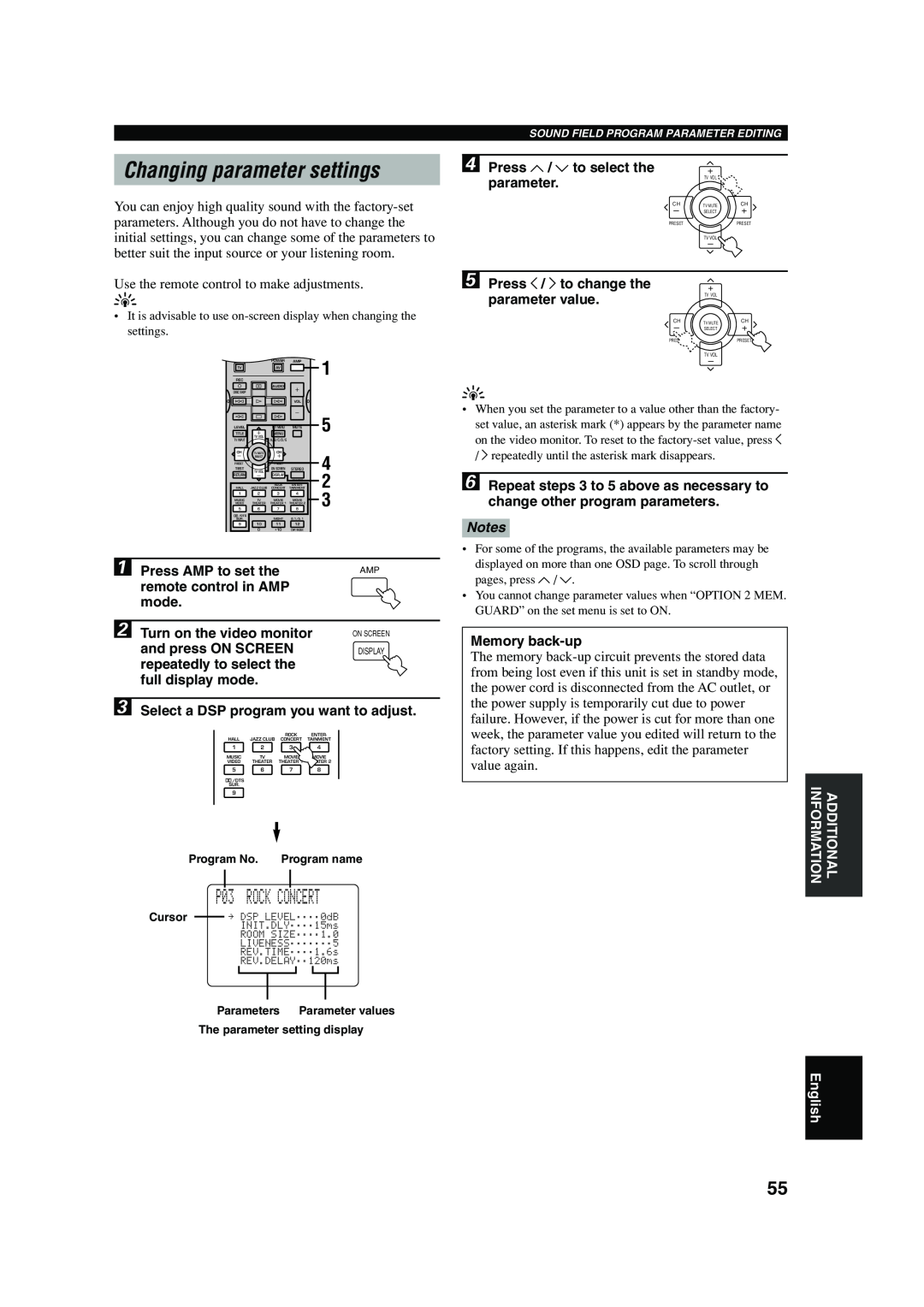 Yamaha RX-V740 owner manual Changing parameter settings, P03 ROCK CONCERT, English 