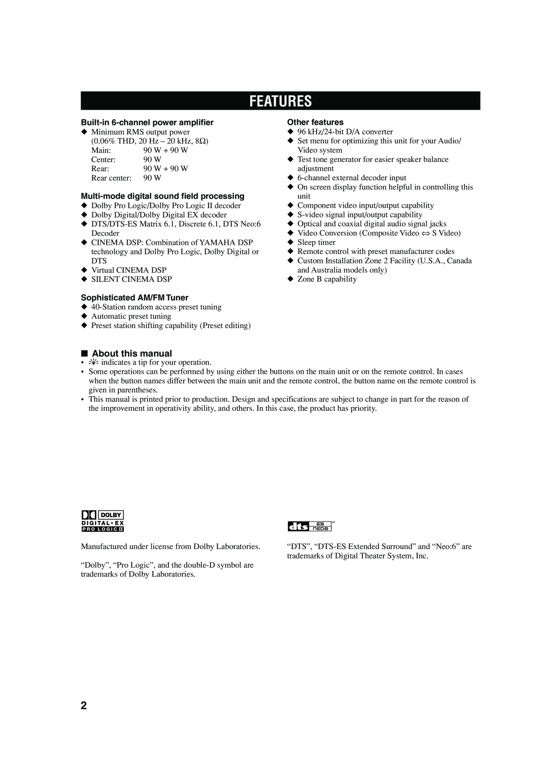 Yamaha RX-V740 owner manual Features, About this manual 